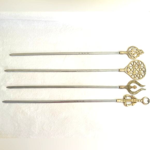 4 Vtg Turkish Greek Brass Steel Kebab Skewers Barbecue Grill Grilling Decorative - Picture 1 of 7